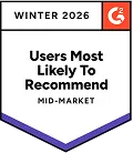 G2 Users Most Likely To Recommend Mid-Market Winter 2026 G2 Users Most Likely To Recommend Mid-Market Winter 2026